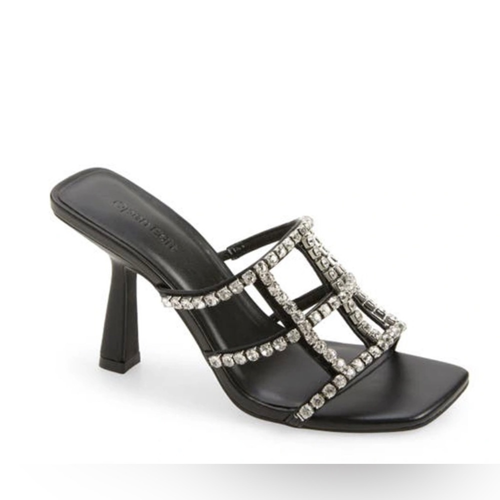 OPEN EDIT SPARKLING CRYSTALS STRAPPY DAPHNE HEEL SANDALS BLACK 8 MEDIUM - Picture 1 of 8